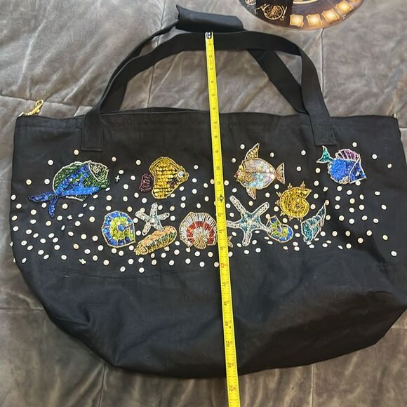 Magid Handmade Beaded Embellished Coastal Fish Tropical Black Tote Shoulder Bag - Picture 7 of 12